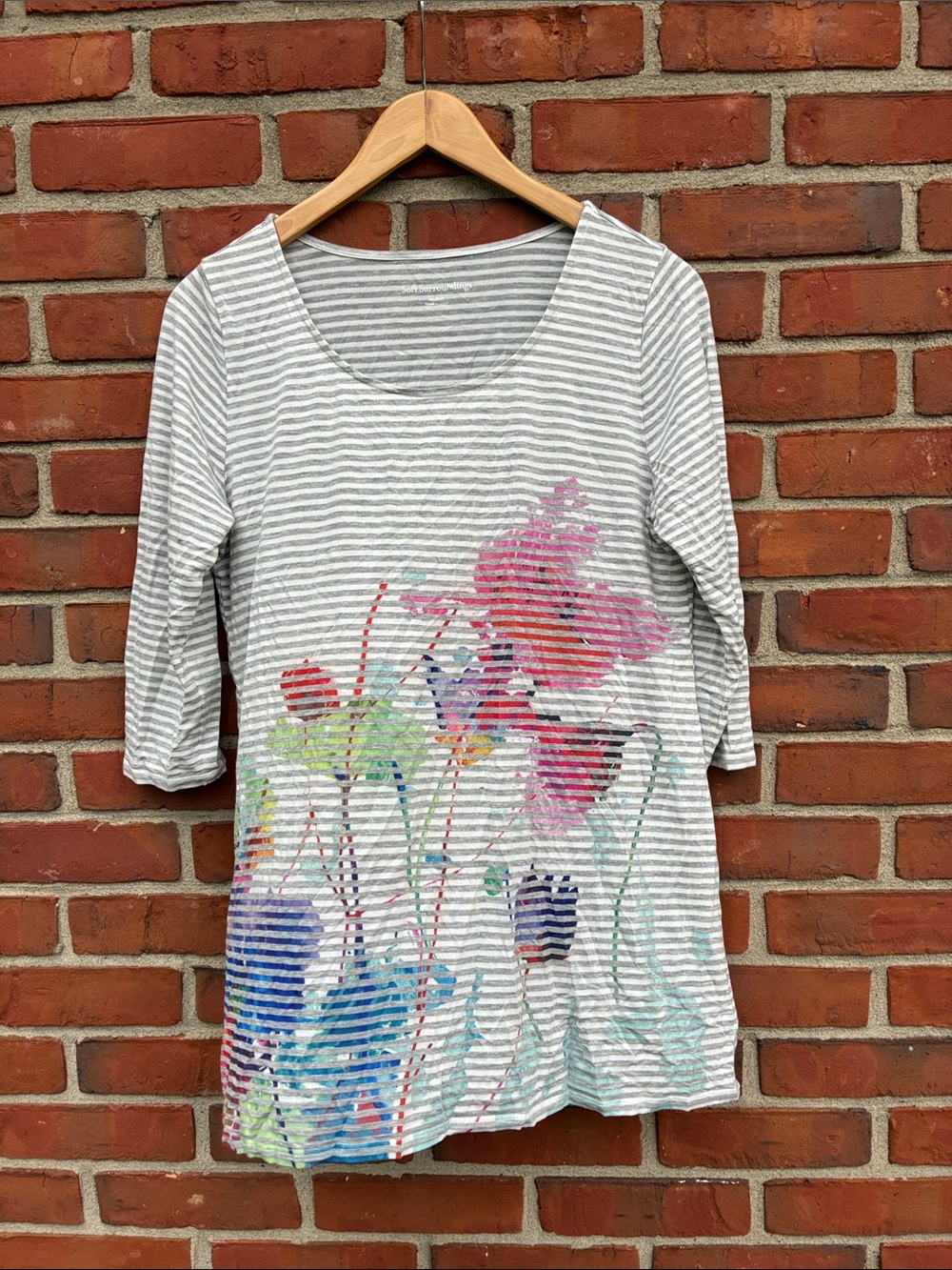 Soft Surroundings Gray Striped Long-Sleeve Tee with Pink & Blue Floral Print